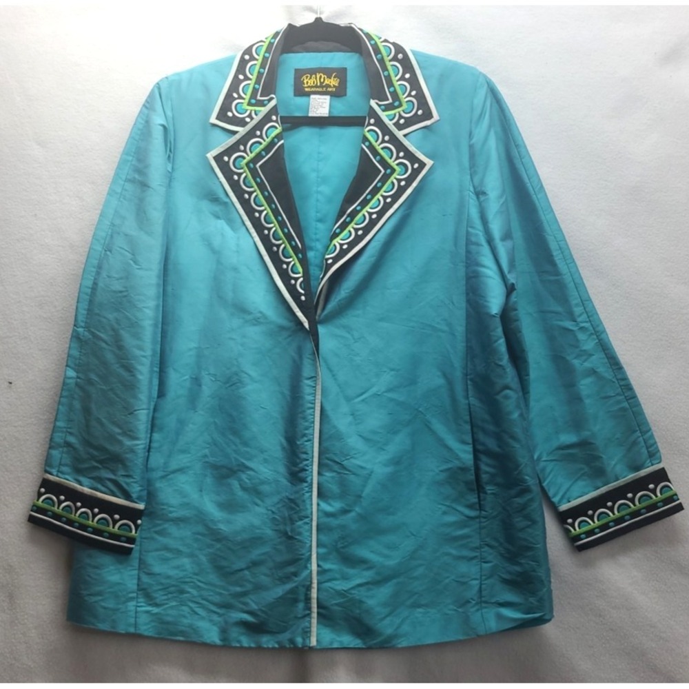 Bob‎ Mackie Jacket Wearable Art 100% Silk TEAL BLACK GREEN embroidered sz pM